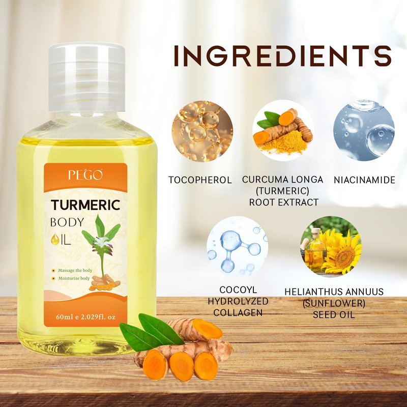 PEGO Turmeric Body Oil for Adults,Deep Moisturizing Massage Oil,Multi-Use for Face, Leg, Body, Hair Care, Foot & Buttock, Natural Turmeric Infused for Dry Skin Reliefs (1Pack)