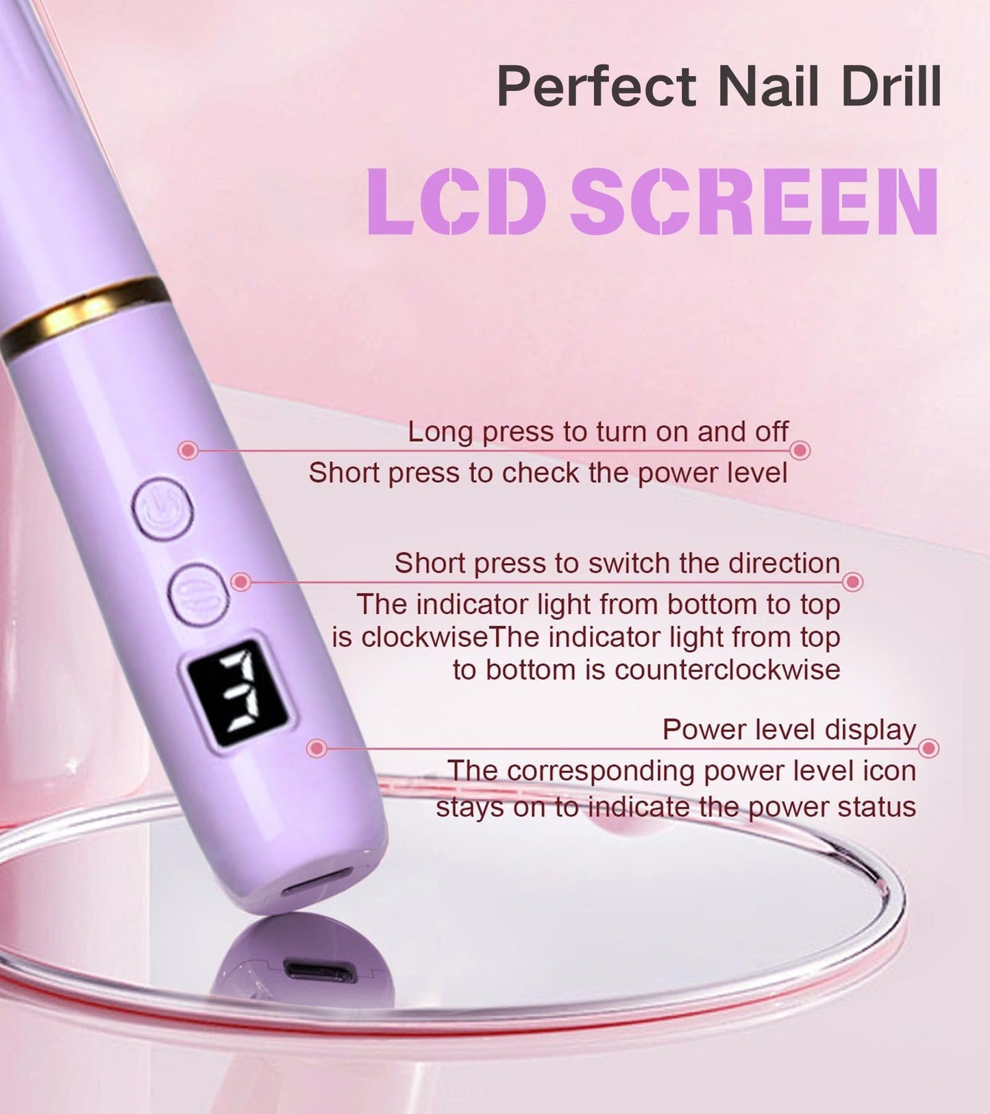 HengYuaoler Electric Nail Drill Machine File Efile Set for Acrylic Gel Nails Portable Nail Drill Machine Kit Rechargeable Pedicure Tools for Hand Feet Manicure Pedicure Tools Polishing Set (Purple)