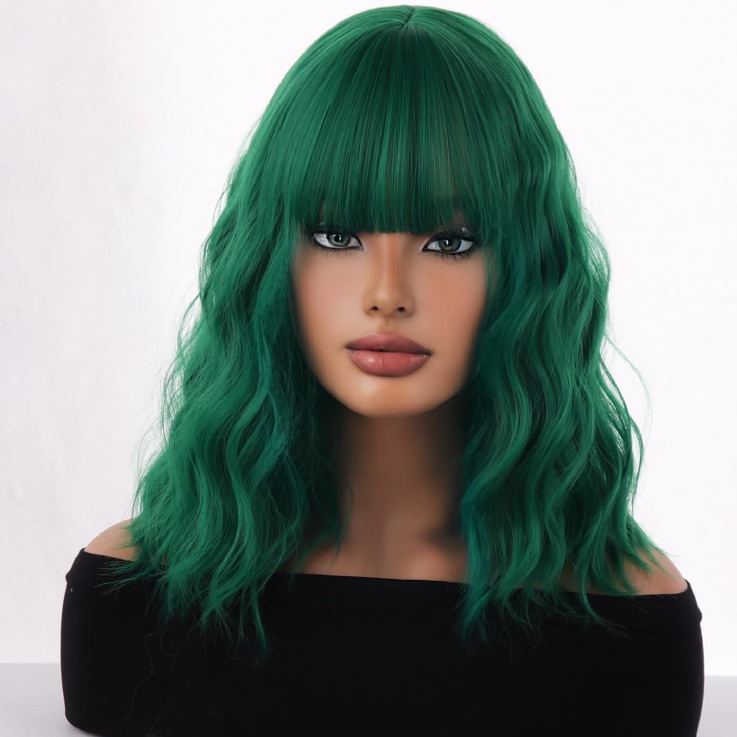 WTHCOS Green Wig Short Bob Wig Short Curly Wavy Wig With Bangs for Women Green Wig Heat Resistant Synthetic Hair Wigs for Daily Use Cosplay Wig With Wig Cap