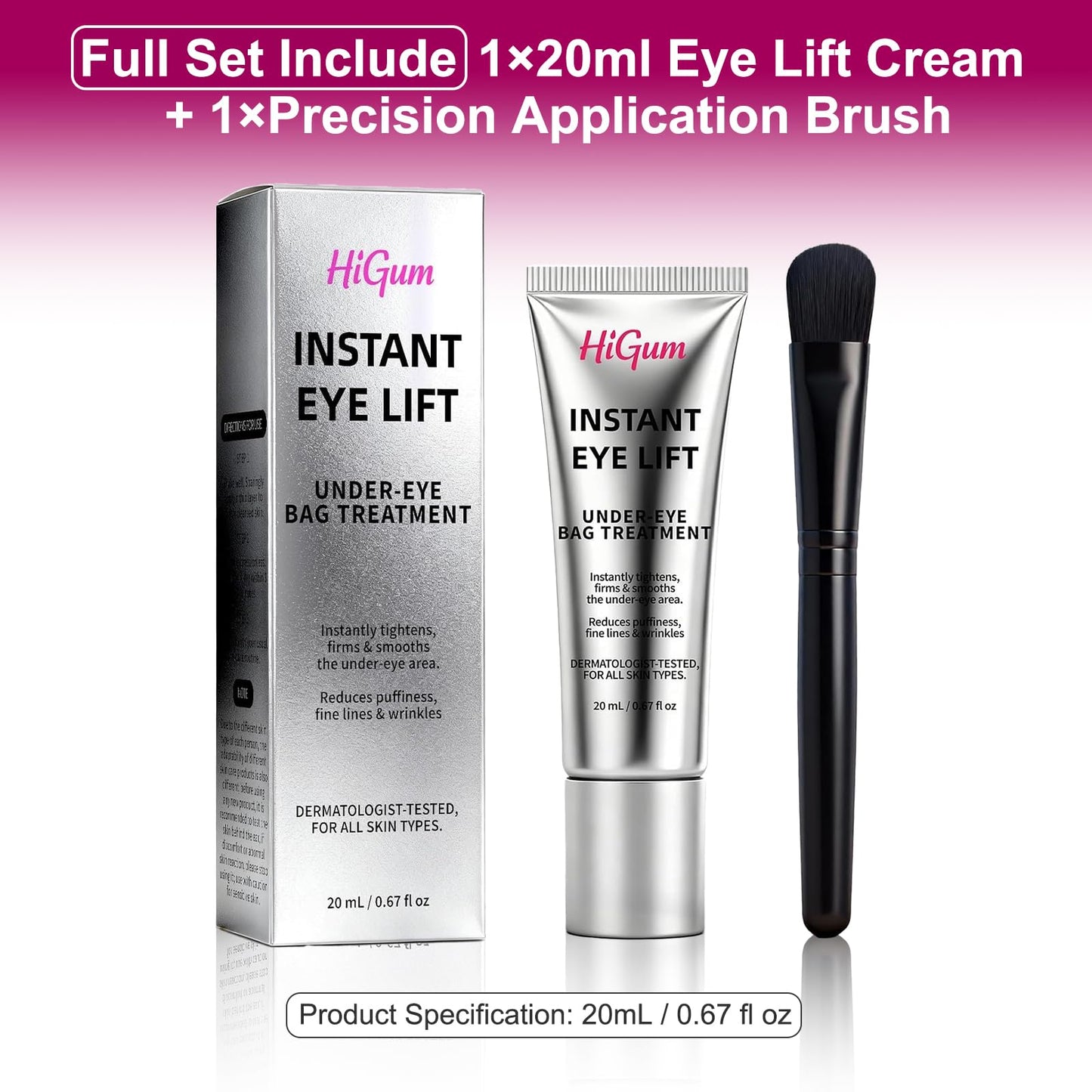 HIGUM Instant Firm Eye Lift & Tighter, Under Eye Treatment for Bags, Wrinkles, Puffiness & Dark Circles, Anti-Aging Under Eye Cream with Precision Application Brush|All Skin Types (7)