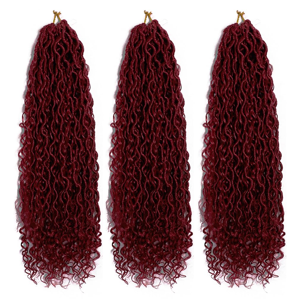 BALINGHAIR Goddess Locs Crochet Hair Burgundy 22 Inch 3 Packs Bohemian Faux Locs Crochet Hair With Curly Ends Pre Looped Hair Extensions 16 Roots/Pack(Bug)