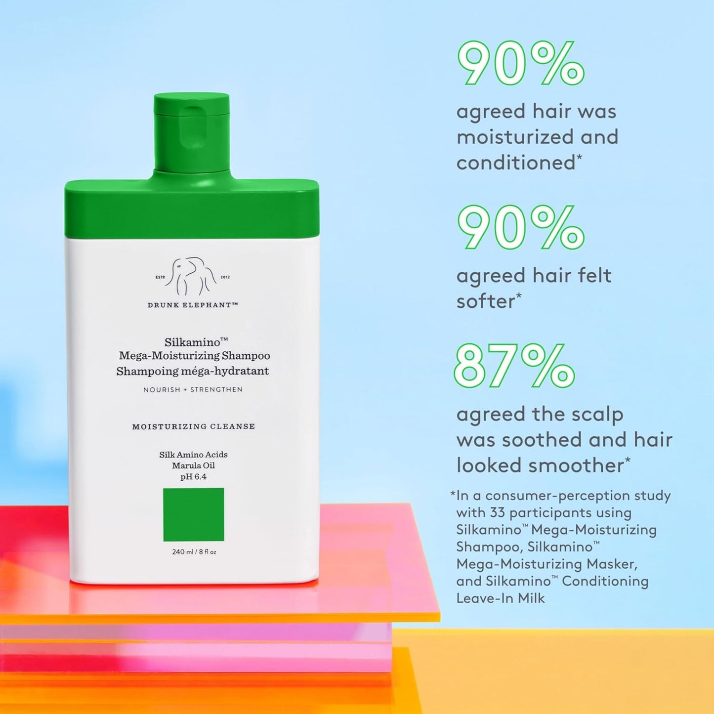 Drunk Elephant Silkamino Mega-Moisturizing Shampoo - 240 ml/8 fl oz - Silk Amino Acids - Clean Clinical - Sulfate-Free - Cruelty-Free - Dermatologist-Tested - Free of Essential Oils, Silicones, SLS