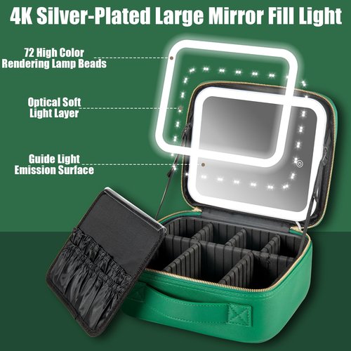 Seoneiro Makeup Travel Bag with LED Lighted Mirror Adjustable Brightness Portable Waterproof Makeup Case with Adjustable Dividers, Make up Train Case Organizer Makeup Brush Accessories and Tool Case