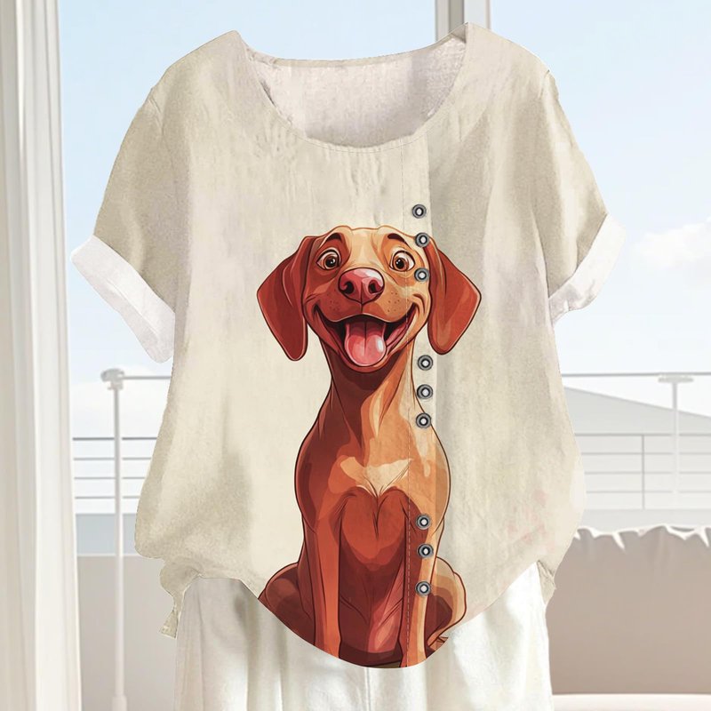 Xernbit Cute Cartoon Dog Print Shirt Summer Womens Loose Lightweight Short Sleeve Round Neck Blouse Fashion Casual Comfy Graphic Tops Beach Dachshund XL