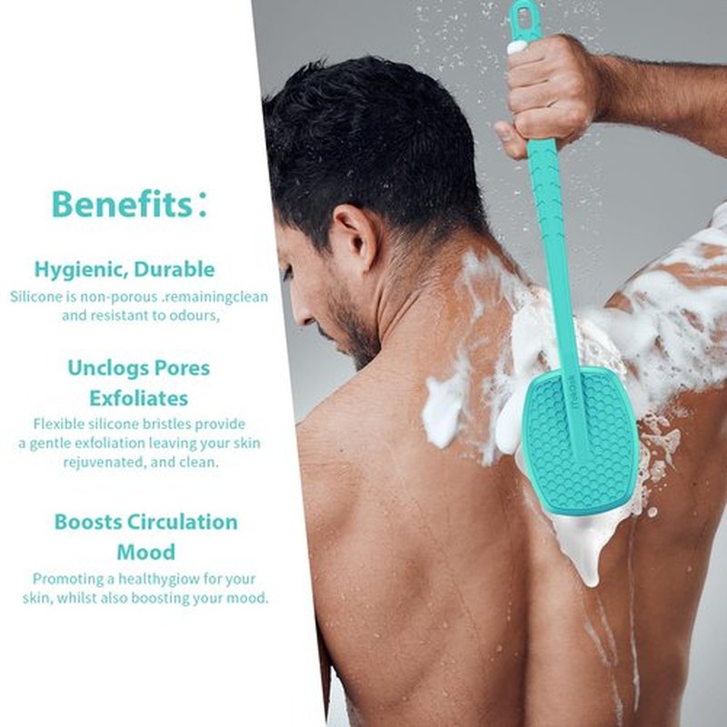 iTokGoK® All New Premium Silicone Back Scrubber with Tire Anti-Slip Long Handle for Shower, Gentle Exfoliating and Massage Brush Scrubber for Sensitive Skin for Men and Women (Mint Green)