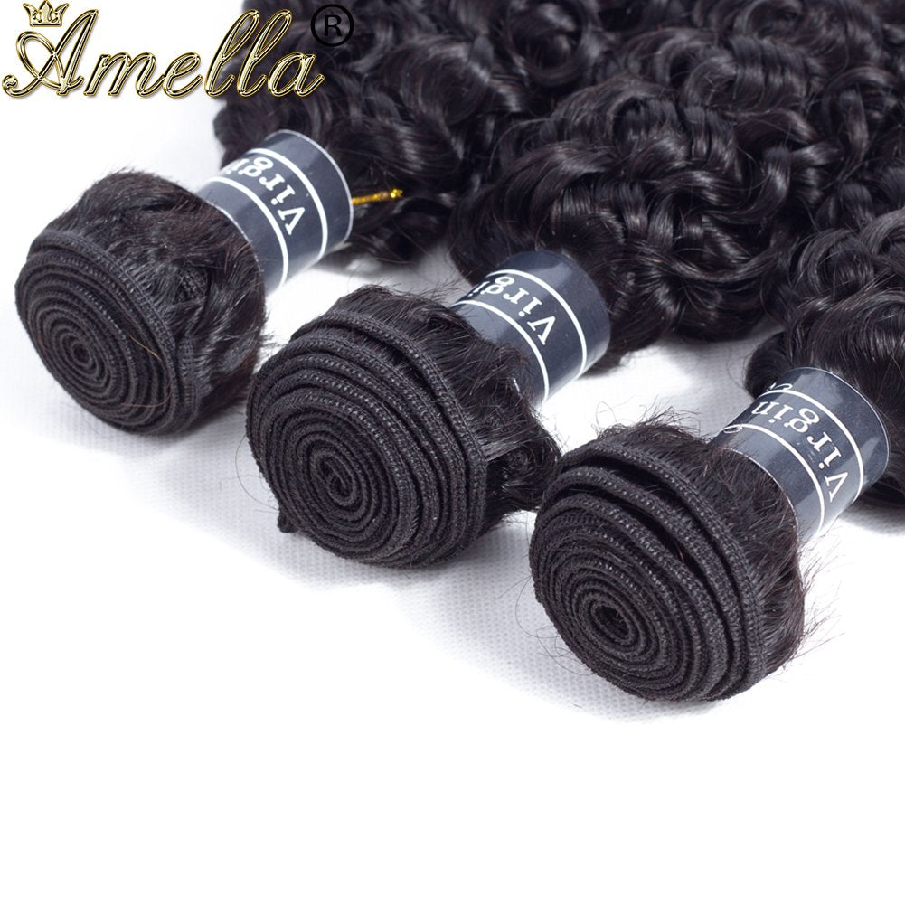 Amella Hair Brazilian Virgin Curly Hair 3 Bundles Hair Extensions 8A Brazilian Kinky Curly Hair Remy Human Hair Weave Natural Black Color (12 14 16inch)
