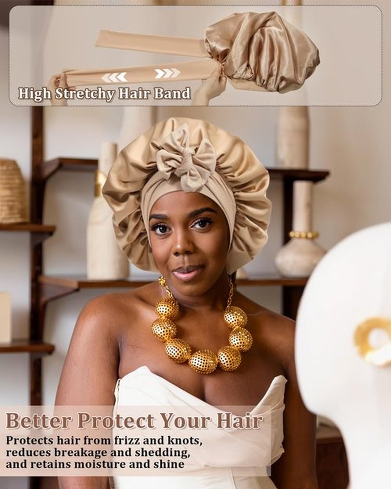 Reversible Satin Bonnet for Sleeping Women Silk Bonnet Double Layer Hair Bonnet with 2PCS Hair Scrunchies Elastic Tie Band Night Cap Hair Wrap for Natural Curly Hair (Coffee + Champagne)