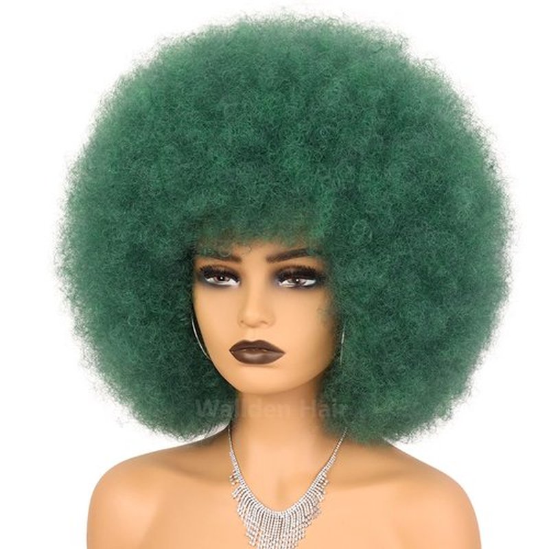 Wallden Hair Green Afro Wig and Costume Halloween Wig for black Women Glueless Wear and Go Wig Short Afro Puff Kinky Curly Wigs and Heat Resistant Bouncy Wigs (Dark Green)