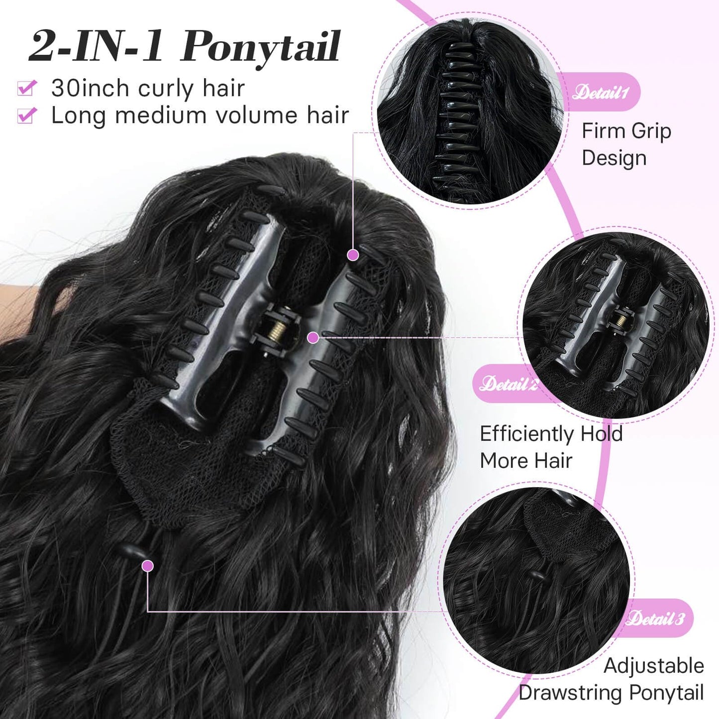 MARJORIE Ponytail Extension,Long Curly Wavy Claw Clip Ponytail Extension 30inch Pony Tails Hair Extensions Black Brown Fake Ponytail Fluffy Natural Clip in Ponytail Hairpiece for Women