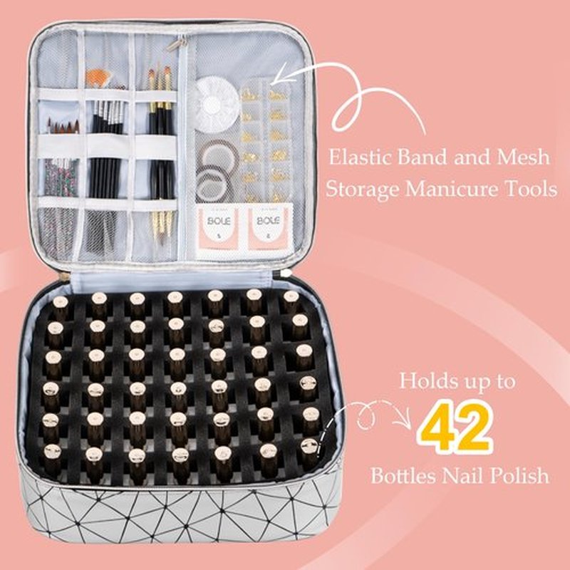 Uross Nail Polish Organizer Bag Holds 42 Bottles Nail Polish & Nail Lamp, Gel Nail Polish Organizers and Storage box for Nail Tech, Nail Kit Supplies Organizer Case - Silver