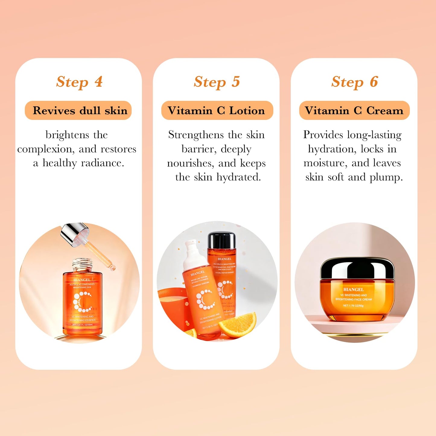 HIANGEL 6-Piece Vitamin C Skincare Set for Women, Brightening & Hydrating Face Care Routine Kit with Cleanser, Toner, Serum, Eye Cream, Lotion & Face Cream, Spa Beauty Gift Box
