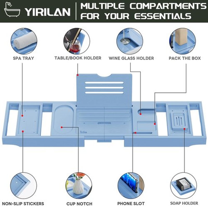 Yirilan Premium Bathtub Tray Caddy - Expandable Bath Tray - Unique House Warming Gifts, New Home, Anniversary & Wedding Gifts for Couple, Bridal Shower Gift for Women-Blue