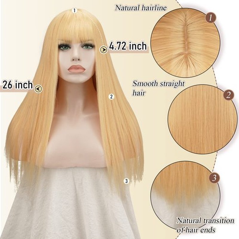 SOFEIYAN 26 inches Long Straight Wig with Bangs Blonde Synthetic Hair Replacement Wigs Heat Resistant Full Wig for Women Girls