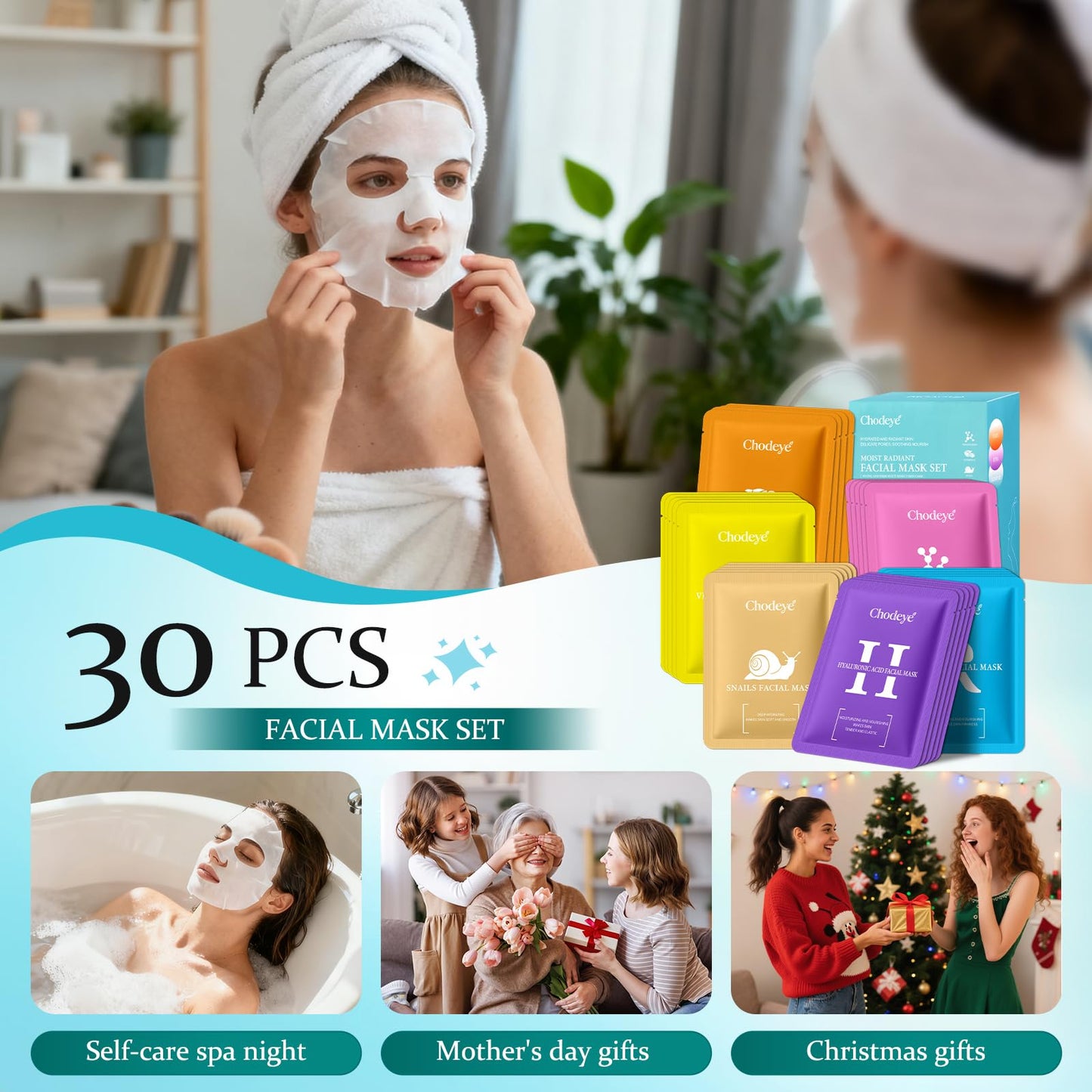 CHODEYE 30 Packs Sheet Facial Masks Set, 6 Styles Hydrating Face Masks Kit, Suitable for All Skin Type, Home Spa Facial Care, Perfect Birthday Valentine's Christmas Gift for Women & Men