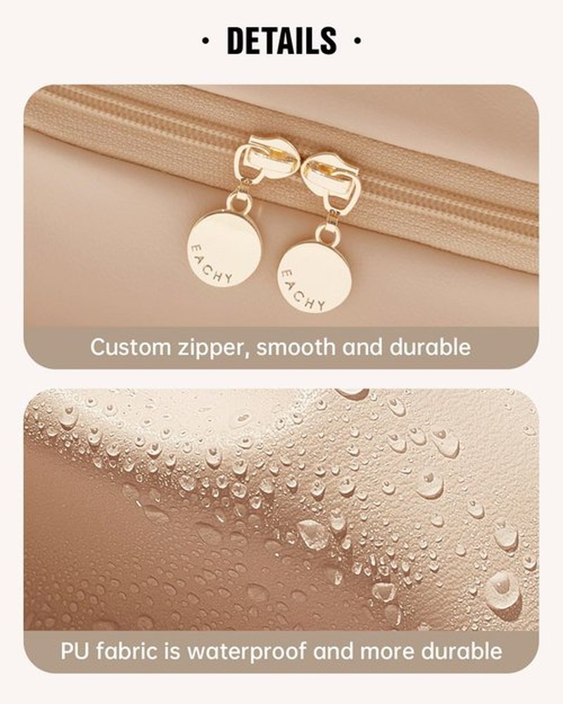 EACHY Travel Makeup Bag, Large Capacity Cosmetic Bags for Women, Waterproof PU Leather Make Up Bag with Makeup Brush Organizer (Beige)