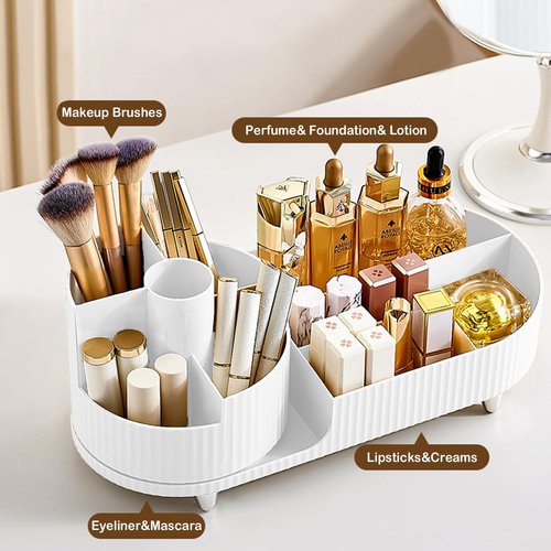 Rotating Makeup Organizer for Vanity with Brush Holder, Cosmetic Makeup Storage Organizer, Large Spinning Makeup Skincare Organizer, Countertop Makeup Perfume Organizer, Lotions Display Case (White)