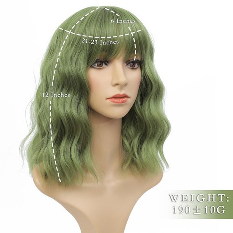 FimTim Short Wavy Bob Wig with Bangs for Women - Green Synthetic Wig for Daily Use
