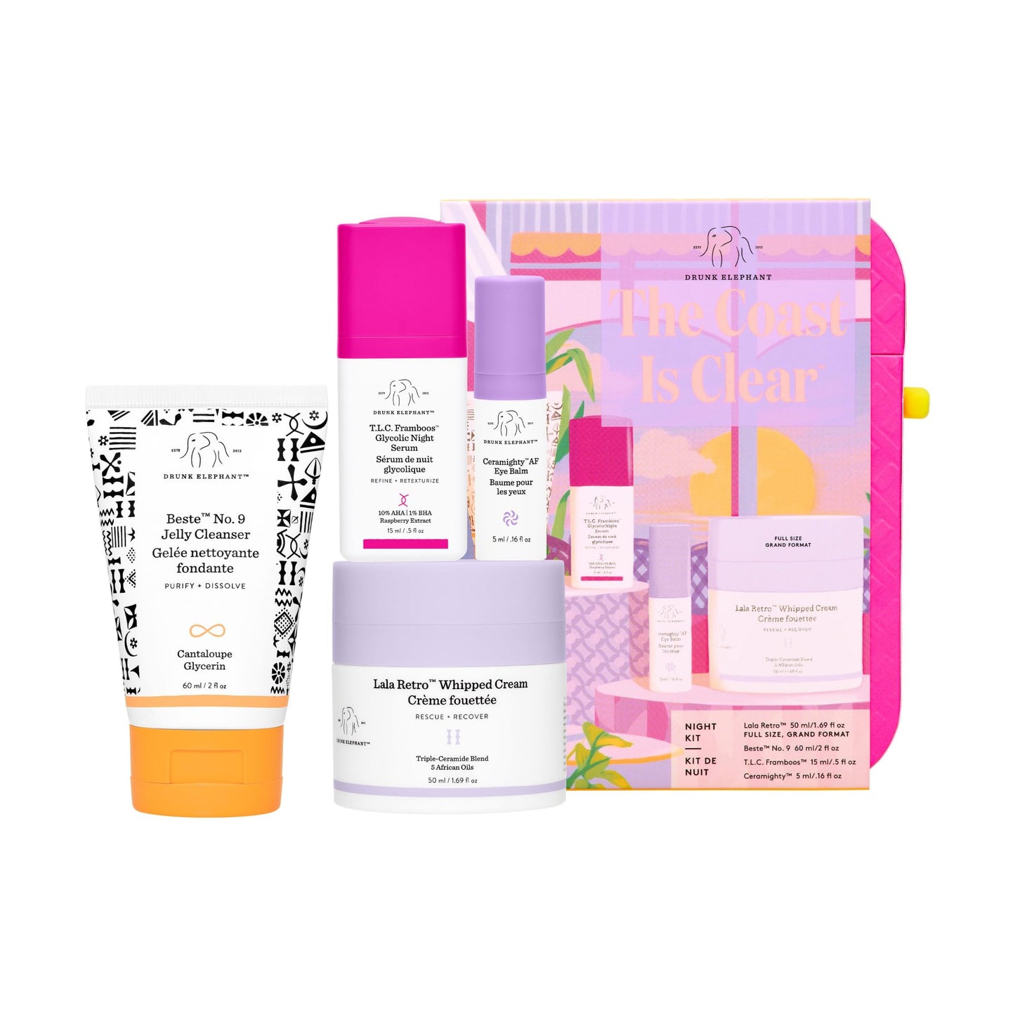Drunk Elephant The Coast Is Clear Night Kit - Includes Lala Retro (50 ml/1.69 fl oz), T.L.C. Framboos (15 ml/.5 fl oz), Ceramighty (5 ml/.16 fl oz), and Beste No. 9 60 ml/2 fl oz)