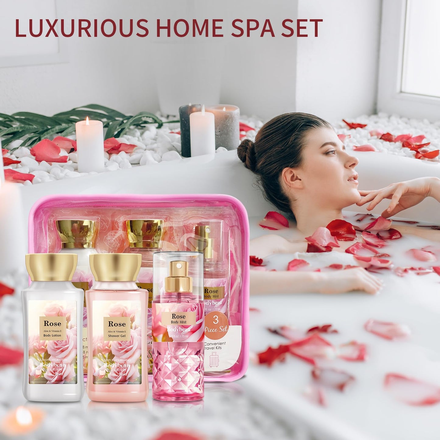 Rose Spa Gift Set For Women - 3PCS Luxury Bath and Body Kit with Shower Gel, Body Lotion & Body Mist - Portable Travel Size Self Care Gift for Mom, Wife, Teens, Friends or Her