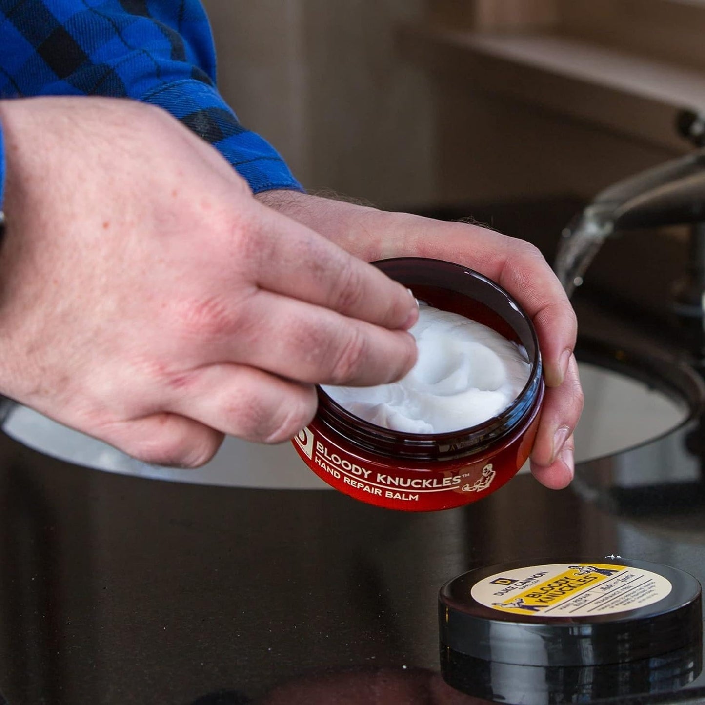 Duke Cannon Bloody Knuckles Hand Repair Balm - Unscented Moisturizer, Repair and Revitalize Dry, Cracked Skin, Ideal for Workers and Fighters, Set of 2 (5 oz. & 1.4 oz.)