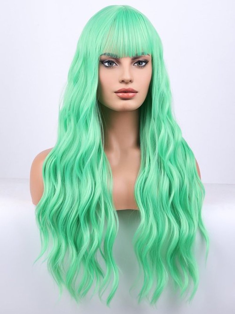 MAGQOO Green Wig for Women Long Curly Wavy Light Green Wig Mint Green Wig with Bangs Synthetic Heat Resistant Fiber Halloween Cosplay Costume Daily Party Use