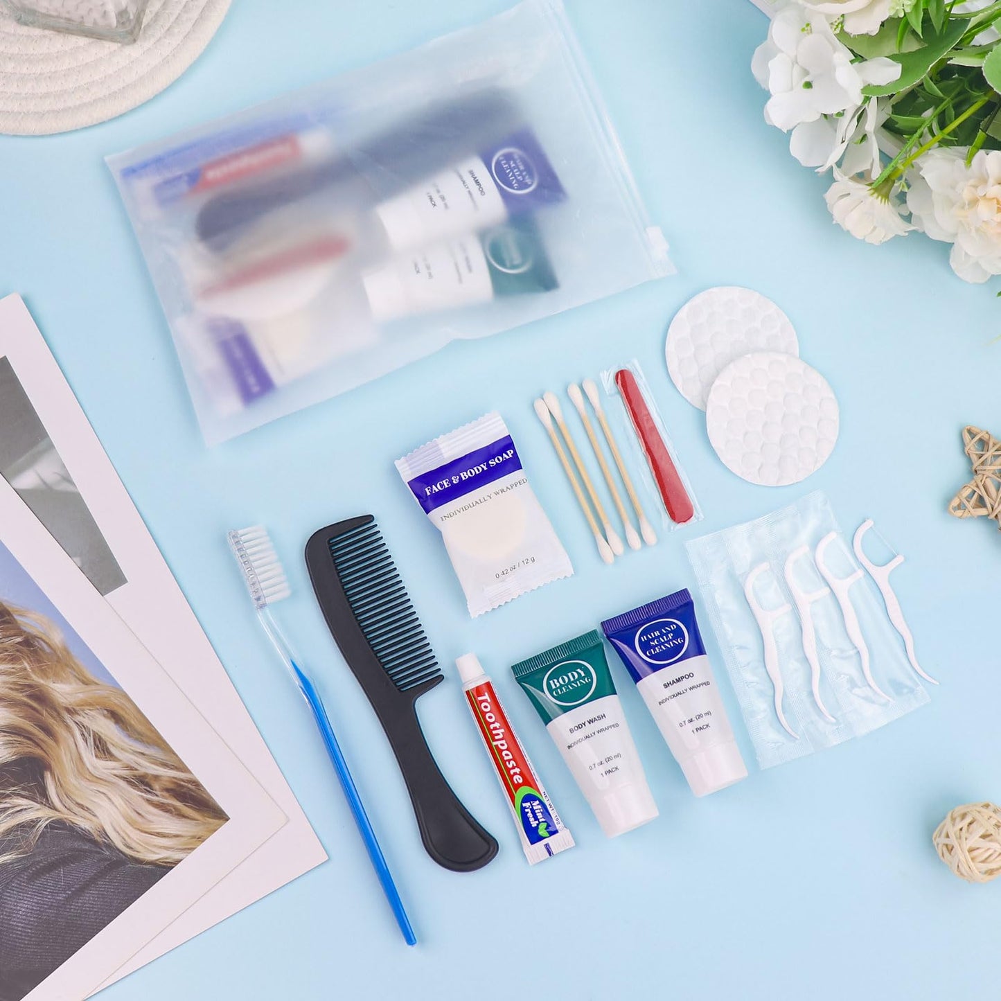 Toiletry Kits Travel Essentials Disposable Hygiene in Bulk, Trial Size Toiletries Supplies Individually Wrapped Traveling Personal Care Items, for Camping, Hotel, Homeless, Charity, 8-in-1 (40-Pack)