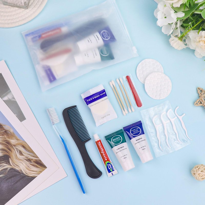 Toiletry Kits Travel Essentials Disposable Hygiene in Bulk, Trial Size Toiletries Supplies Individually Wrapped Traveling Personal Care Items, for Camping, Hotel, Homeless, Charity, 8-in-1 (40-Pack)