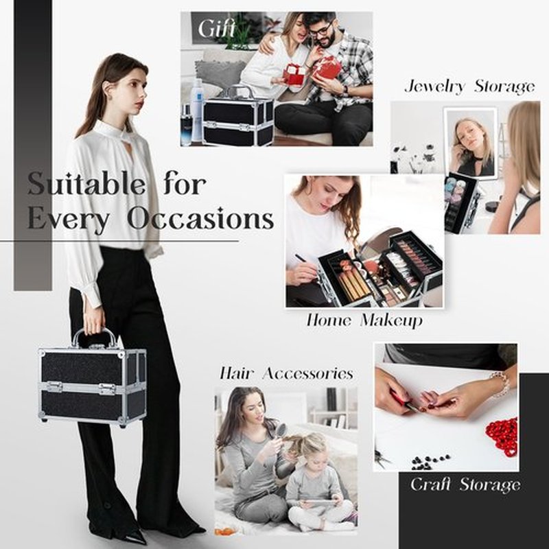 FRENESSA Makeup Organizer Case Portable Train Case Cosmetic Box 4 Trays Makeup Storage Case with Lockable for Women Makeup Artist, Makeup Tools, Nail Kits Makeup Travel Case Black