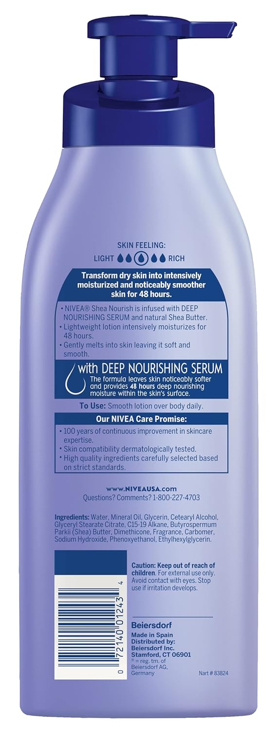 NIVEA Shea Nourish Body Lotion for Dry Skin with Hyaluronic Acid, Shea Butter and Deep Nourishing Serum, 48-Hour Body Moisturizer, 2.5 Fl Oz Bottle, Pack of 6
