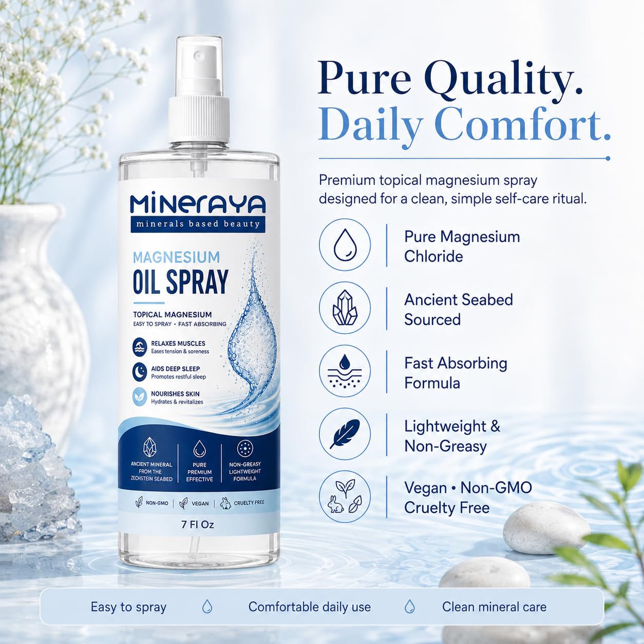 MINERAYA Magnesium Oil Spray 7 Fl Oz. Organic, Extra Strength Topical Magnesium Spray for Feet, Muscle Recovery & Sound Sleep