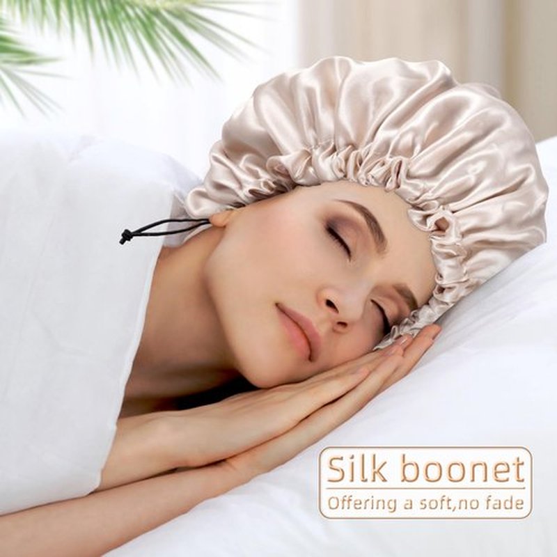 Satin Bonnet Silk Bonnet for Curly Hair Bonnet Braid Bonnet for Sleeping Bonnets for Women Large Double-Layer Adjustable(Champagne&Pink)