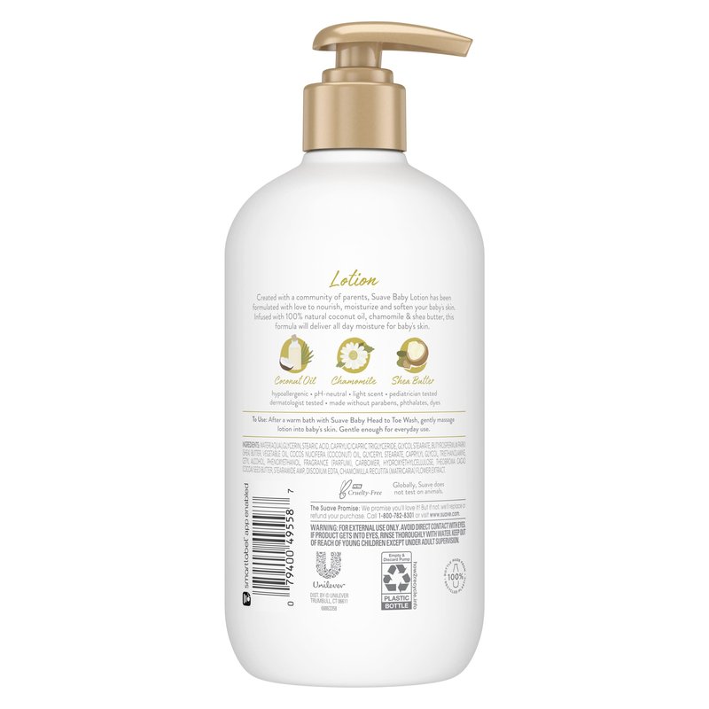 Suave Baby Baby Lotion for All Skin Types, with 100% Natural Coconut Oil, Chamomile & Shea Butter with No Parabens, Dyes 13.5 OZ