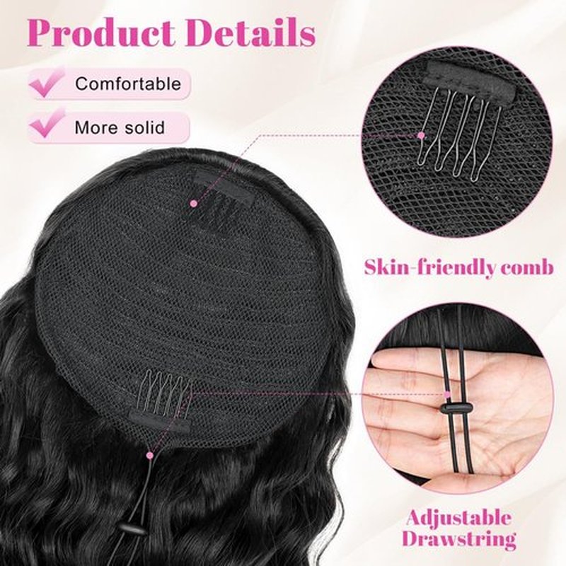 ALXNAN Wavy Curly Ponytail Extension, Long Soft 22" Black Drawstring Ponytail for Black Women Natural Synthetic Hairpiece Thick For Daily Use