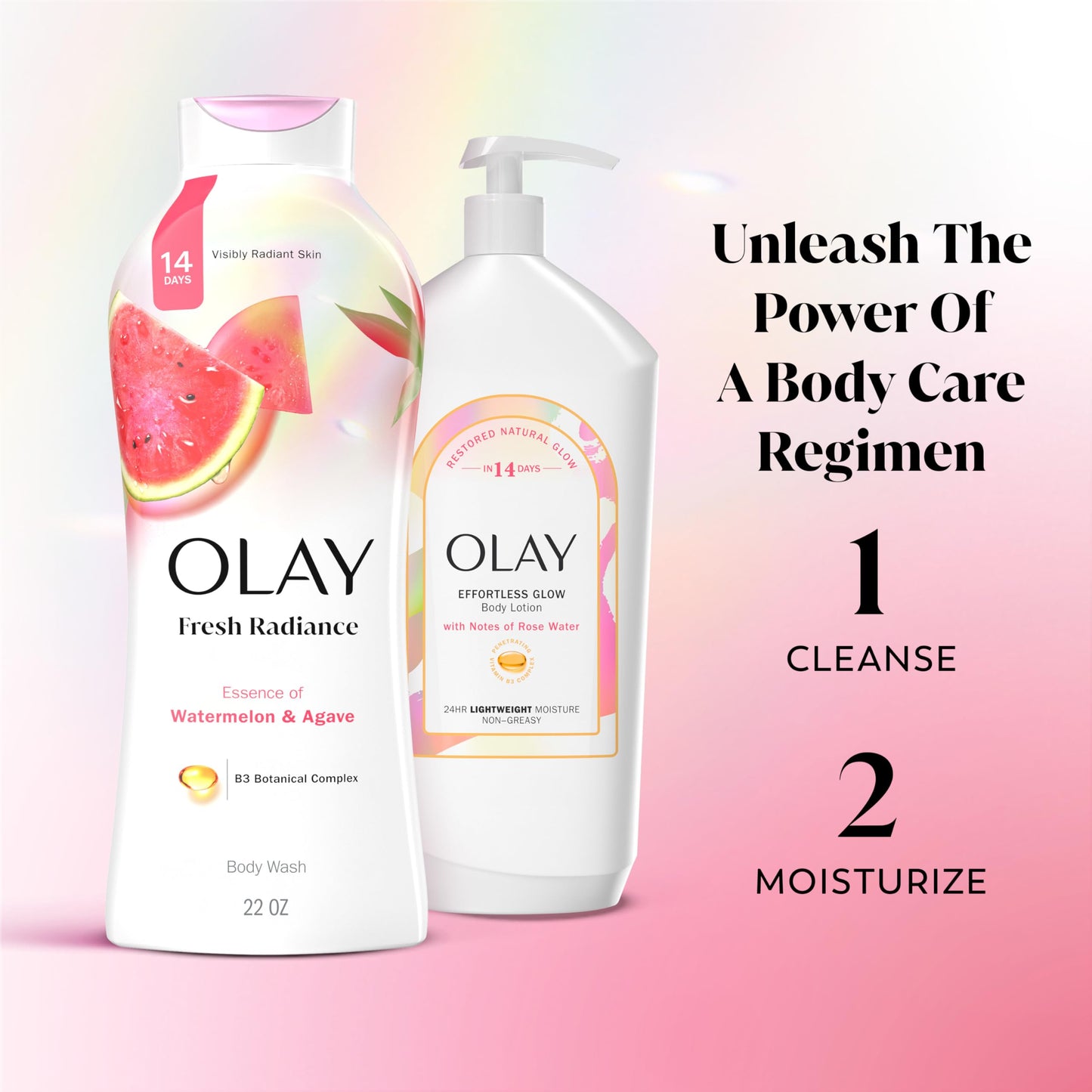 Olay Body Wash for Women, Fresh Radiance, Refreshing & Renewing, Made with Plant Based Cleansers, B3 Botanical Complex, For All Skin Types, Watermelon & Agave Scent, 22 fl oz (Pack of 4)