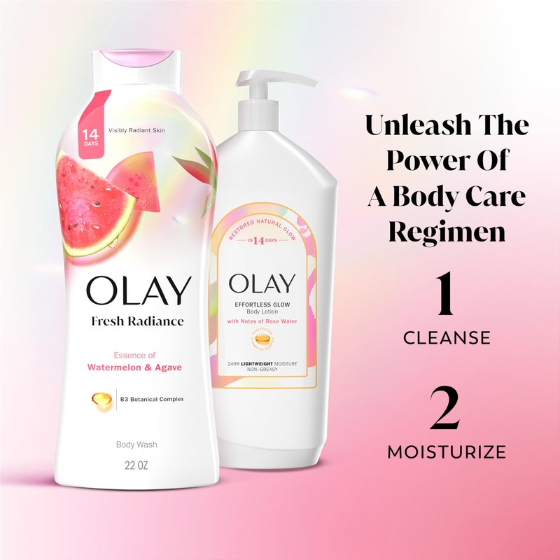 Olay Body Wash for Women, Fresh Radiance, Refreshing & Renewing, Made with Plant Based Cleansers, B3 Botanical Complex, For All Skin Types, Watermelon & Agave Scent, 22 fl oz (Pack of 4)