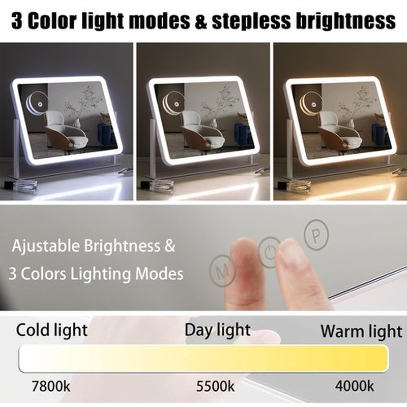 HIEEY Vanity Mirror with Lights, Lighted Makeup Mirror, Three Color Lighting Modes, and 5X Magnification Mirror, Smart Touch Control, 360°Rotation (15.7" x 11.8". White,Gift Box)