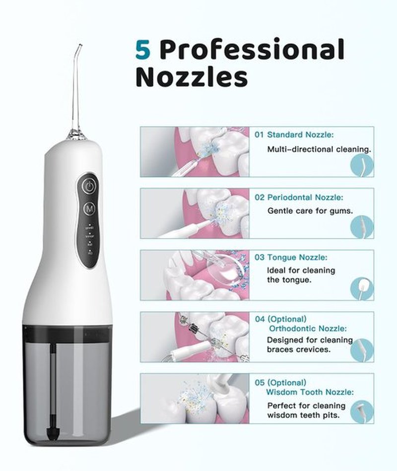 Portable Water Flosser for Teeth Cleaning, 5 Jet Tips, 4 Cleaning Modes, 1500mAh Rechargeable Battery, 260ml Water Tank, IPX7 Waterproof for Braces, Sensitive Teeth & Travel (White)