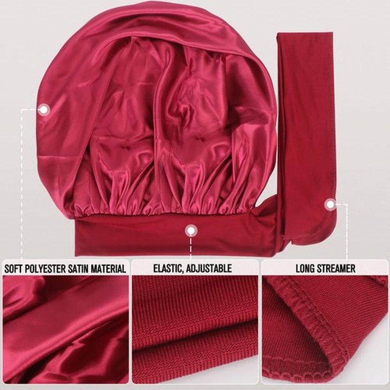 Arqumi Pack of 2 Satin Sleeping Bonnet,Large Satin Sleep Bonnet with Elastic Long Strap,Adjustable Sleep Cap Hair Bonnet for Women & Men,Black+Red