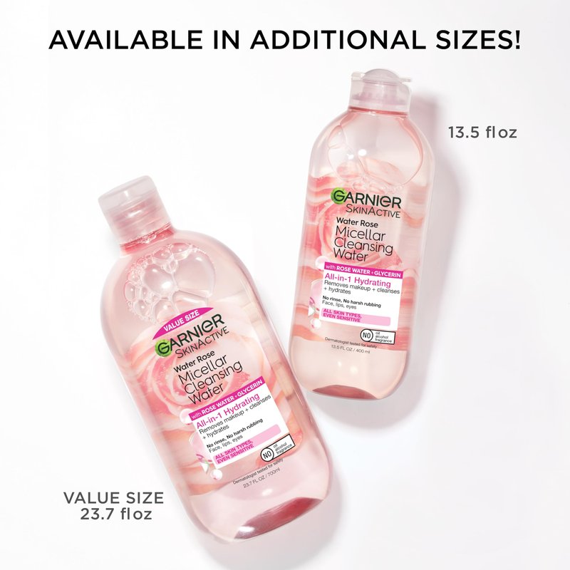 Garnier Micellar Water with Rose Water and Glycerin,Hydrating Facial Cleanser & Makeup Remover,For All Skin Types,Vegan,Cruelty Free,23.7 Fl Oz (700mL),(Pack of 2)