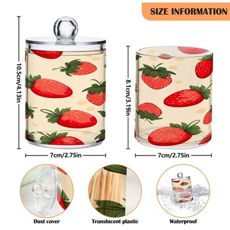 Blueangle 2 Pack Strawberry Pattern Qtip Holder Dispenser for Cotton Ball, Cotton Swab - Plastic Apothecary Jar Set for Bathroom Canister Storage Organization(896)
