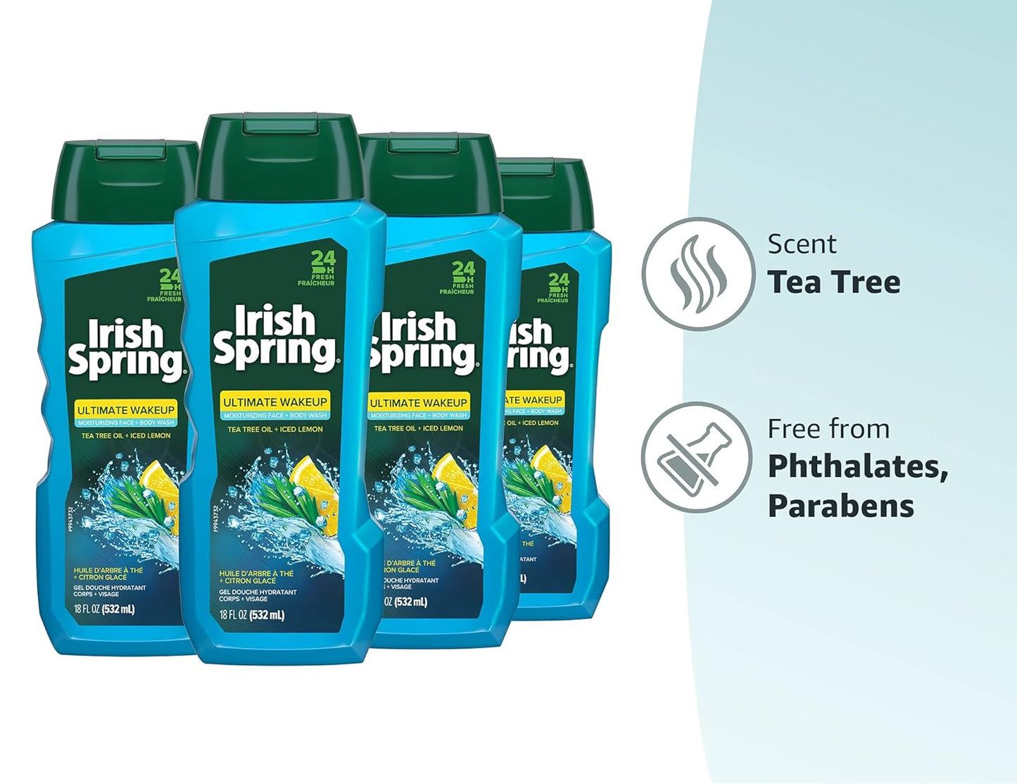 Irish Spring Ultimate Wake Up Tea Tree Face & Body Wash for Men, Moisturizing Body Wash Washes Away Bacteria - 18 Fluid Ounce, 4 Pack
