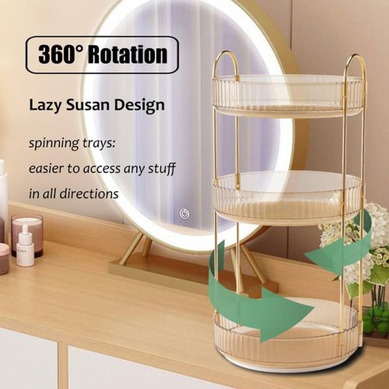 Zufudo Rotating Makeup Organizer 3 Tier Lazy Susan Trays Skincare Perfume Organizer for Bathroom Counter Vanity, Amber Gold