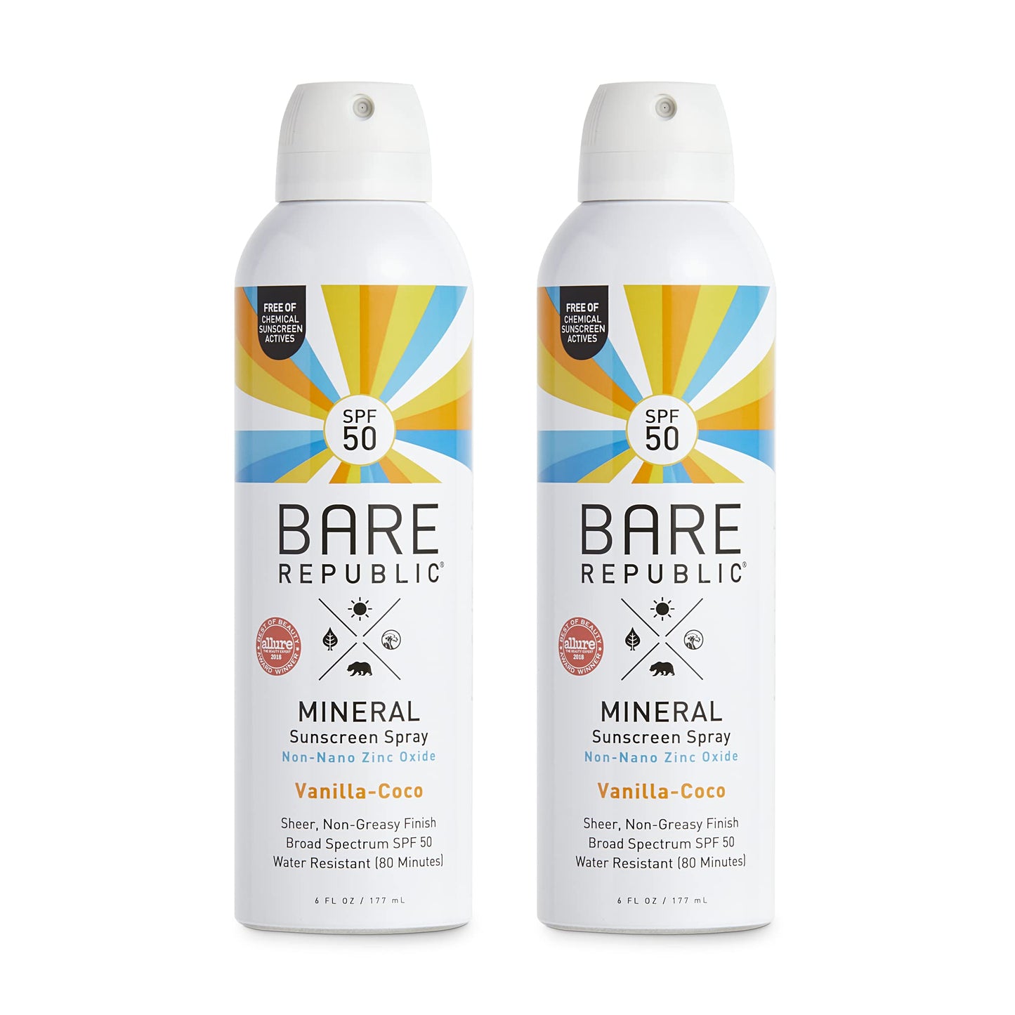 Bare Republic Mineral SPF 50 Sport Sunscreen Spray. Vanilla-Coco Sheer and Strong Water-Resistant Sunscreen Spray with SPF 50 (12 Ounces) 2 Pack.