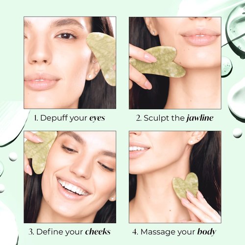 PLANTIFIQUE Gua Sha Facial Tools - Massage Tool - Jawline Sculptor - Face Sculpting Tool for Your Skin Care Routine - Jade Guasha