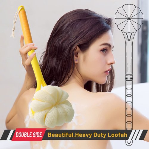 Shower Body Brush,Soft Bristles and Beautiful Pumpkin Loofah 14" Long Handle Back Scrubber Bath Mesh Sponge for Skin Exfoliating Bath,Massage Bristles Suitable for Wet or Dry,Men and Women (Yellow)