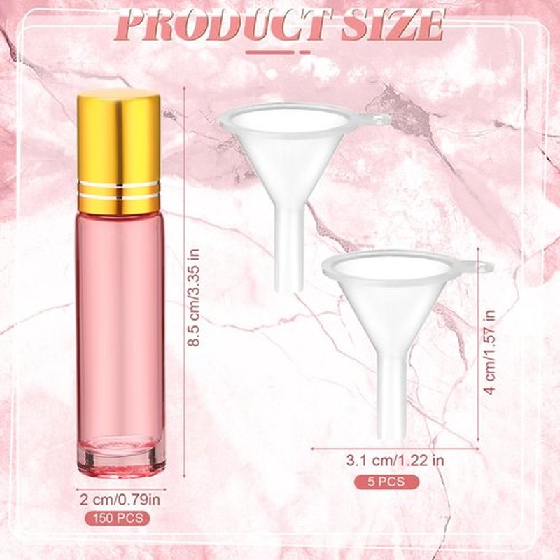 Sumind 150 Pcs Essential Oil Roller Bottles 10 ml Glass Roller Bottles with Stainless Steel Roller Balls Empty Bottles Leak Proof Roll on Bottles with 5 Funnel for Travel Essential Oil (Pink)