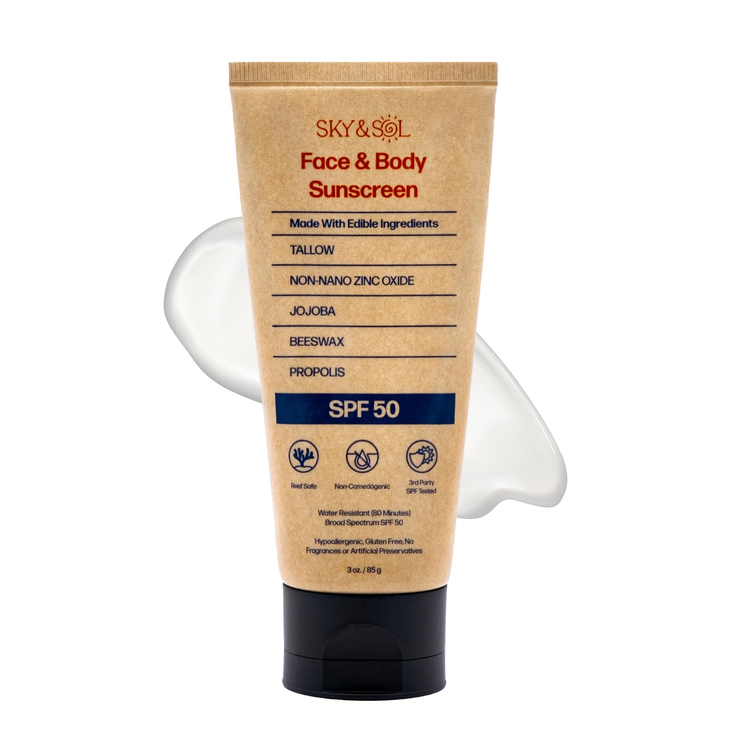 Sky and Sol Non-Toxic Natural Mineral Sunscreen SPF 50 | Safest Organic Natural Tallow & Zinc Oxide Sunblock | Reef Safe, Clean Non-Greasy Formula for Face and Body | Women and Men. 3 oz (85 g)
