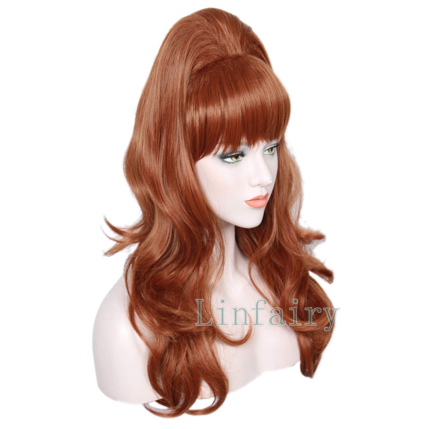 Linfairy Long Wavy Auburn Copper Wig Big Bouffant Beehive Wigs for Women fits 50s 80s Costume (Auburn Copper)