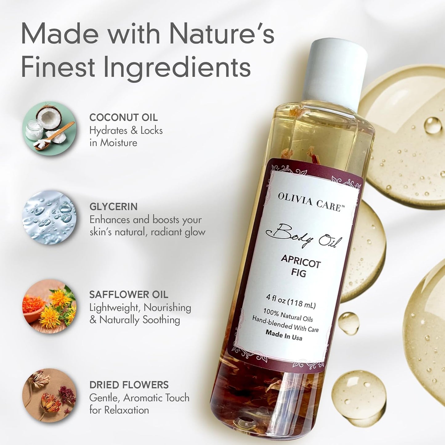 Olivia Care 3 Pack Body Oils: Apricot Fig, French Rose, Jasmine Gardenia - Natural Perfume Oils For Women & After Bath Oils Body Moisturizers, Rich in Vitamin E, K, & Omega (3 Scents)