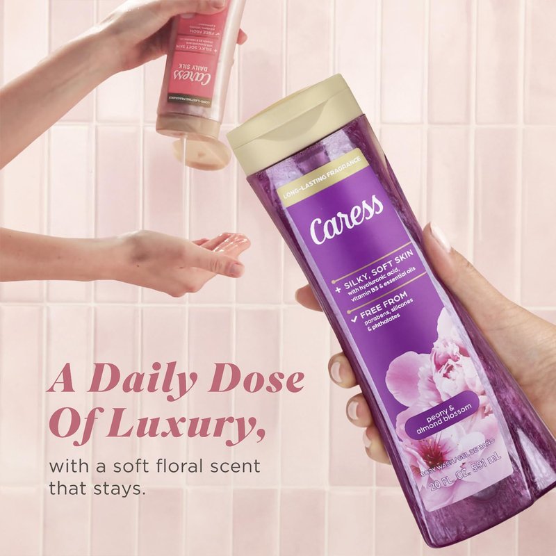 Caress Body Wash, Daily Silk Travel-Size + Full-Size Peony & Almond Blossom Body Wash – Bath & Shower Essentials for Soft, Silky Skin